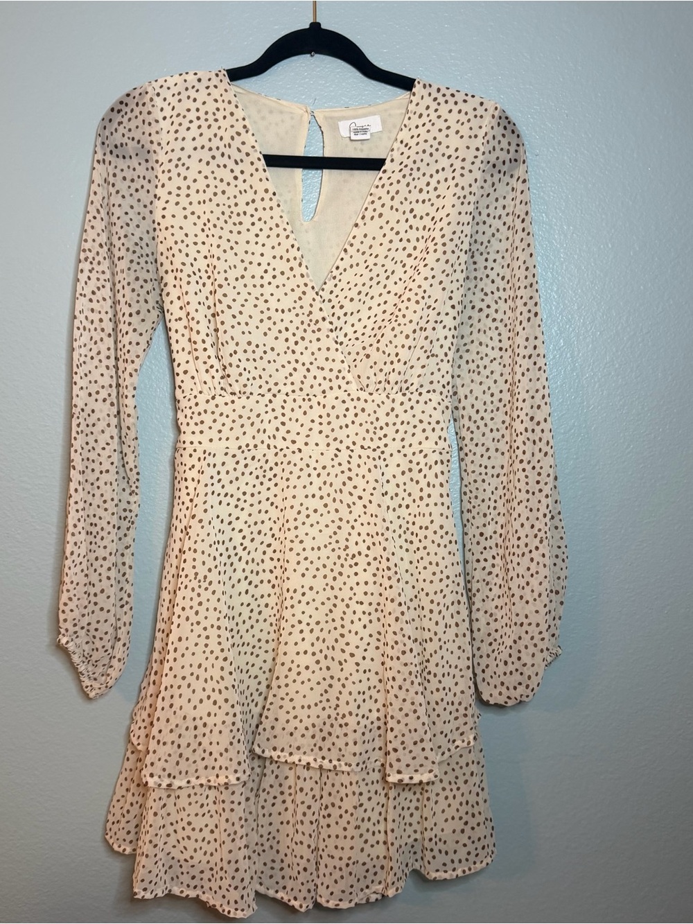 Japna Cream Polka-Dot Long-Sleeve Tiered Mini Dress